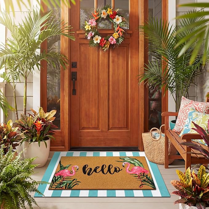 Tinideya 2 Pcs Summer Door Mat Flamingo Welcome Non Slip Coir Hello Mats Floor Layering Doormats Seasonal for Front Porch Entryway Decor(Brown Green White,Hello Flamingo)