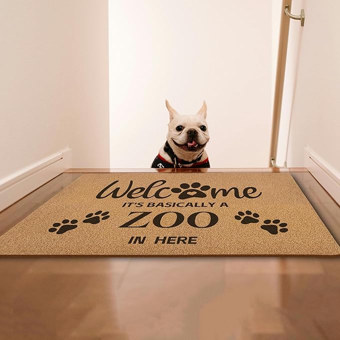 Funny Pet Welcome Door Mats, It's Basically a Zoo in Here Door Mat for Home Outside Entryway, Outdoor Pet Lover Owner Gift, Artificial Coir Doormat Rugs for Patio Kitchen Decor, 17x30 Inch
