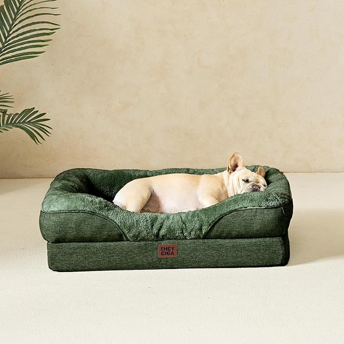 EHEYCIGA Orthopedic Dog Bed for Medium Dog, 30x20x6.5 Inch Memory Foam Dog Couch Bed with Sides, Waterproof Liner & Washable Removable Cover, Bolster Pet Sofa, Dark Green