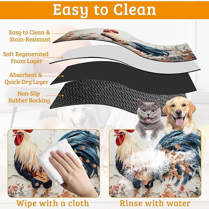 Dog Bowl Mat,Chicken Painting Pet Feeding Mat for Floors Waterproof,Flowers Absorbent Dogs Placemat for Food and Water Quick Dry Pet Cat Feeding Mats with Non Slip Bottom 16" x 24"