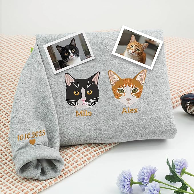 Custom Pet Embroidered Sweatshirt - Personalized Dog/Cat Face & Name - Gift for Mom, Dog Mom, Birthday, Christmas