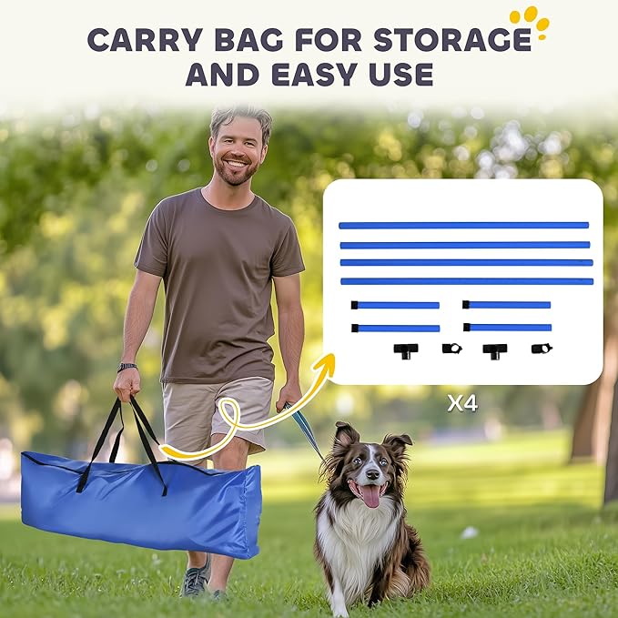 PawHut 4 Piece Dog Agility Training Equipment for Dog Agility Course with Adjustable Height Jump Bars, Included Carry Bag, & Displacing Top Bar, Blue