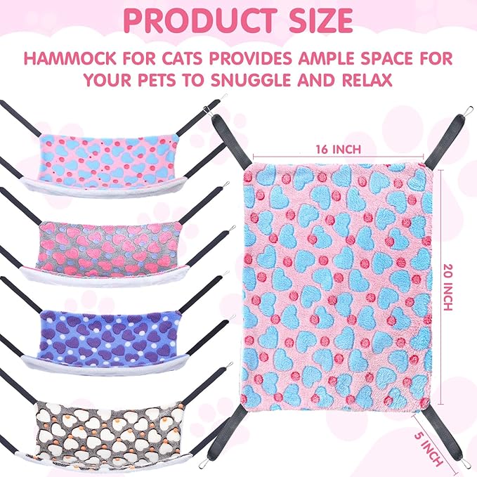 8 Pcs Reversible Cat Hammock Plush Ferret Hammock Hanging Bed with Straps and Metal Hooks Cage Accessories for Indoor Kitten Puppy Rabbits Feral Animals Rehab and Shelters(Heart Style)
