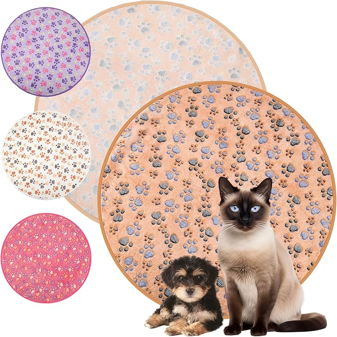 Tatuo 4 Pcs Dog Blanket for Pet Cat Blankets Indoor Puppy Teething Stuff Toys Paw Print Fleece Soft Blanket Sleep Mat for Guinea Pig Cage(White, Coffee, Pink, Purple,29 x 29 Inches,Round)
