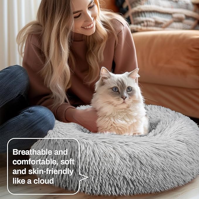 Cat Bed - Calming Cat Bed for Small Kittens Donut Washable Round for Indoor Kittens and Puppies, Anti-Slip Round Fluffy Plush Faux Fur, Small, Light Grey