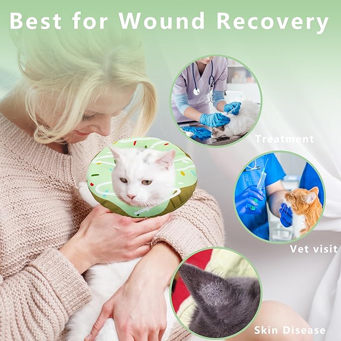 Cat Cone Collar Soft, Adjustable Cat Recovery Collar Kitten Cones to Stop Licking, Cute Donut E Collar After Surgery, Cats Neck Pillow Cone Elizabethan Cones of Shame (Waterproof Green, Medium)