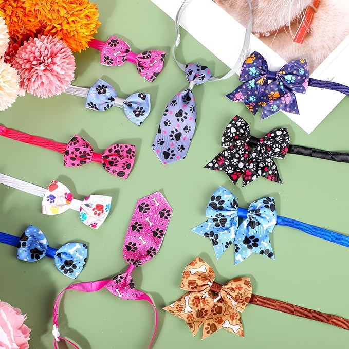Reginary 100 Pieces Dog Bow Tie Collar Set Include 40 Dog Neckties, and 30 Puppy Bowties, 30 Collar Flowers, Adjustable Pet Ties Grooming for Small Medium Cats Pets Supply(Paw Bone)