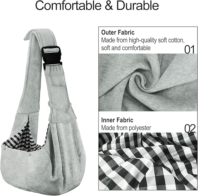 PETLOFT Reversible Small Dog Cat Sling Carrier, Adjustable Hands Free Cross Body Carrier with Collar Hook for Dog/Cat/Bunny up to 11lb (Light Grey)