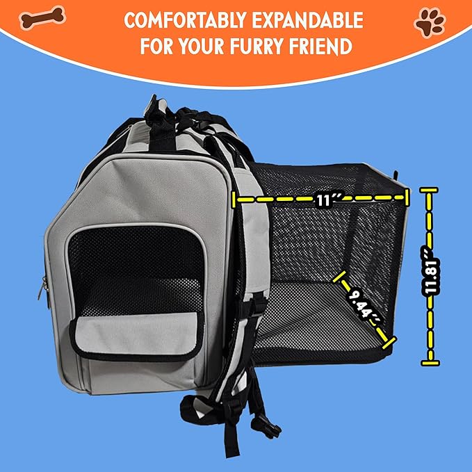 Expandable Pet Backpack Carrier – Dog & Cat, Bonus 2 Collapsible Pet Bowls, Travel Bag with 4-Way Entry, Mesh Windows, Storage Pockets, Secure Zippers, Washable Cushion