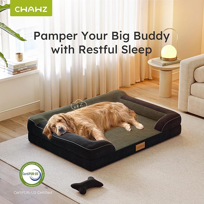 Dog Beds for Large Dogs, Orthopedic Dog Bed with Cooling Gel Memory Foam, Waterproof Large Pet Bed with Removable Washable Cover, 36" Pet Sofa Couch Dutch Velvet with Bone Toy, Black