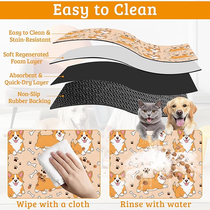 Corgi Feeding Mat,Cute Dogs Absorbent Quick-Dry Cat Dog Food and Water Bowl Mats,Non-Slip Rubber Backing Mat,Cat Dog Accessories Supplies 12" x 20"