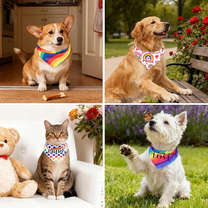 PAWCHIE 4 Pcs Dog Bandanas Gay Pride Rainbow Bandanas, Rainbow Scarf for Boy and Girl, Colorful Pet Triangle Scarf Bibs, Adjustable with Two Snaps - Kerchief Set Accessories for Dogs Puppy Cats, S