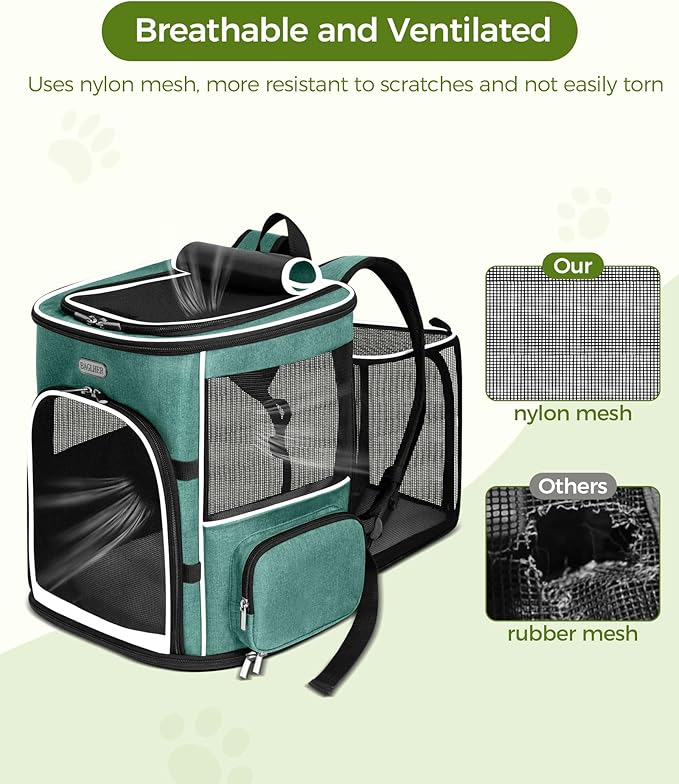 BAGLHER Expandable Cat Carrier Backpacks, Retractable Pet Carrier Backpack for Small Dogs & Cats with Breathable Mesh, Travel Bag Up to 18 Lbs for Hiking Camping Outdoor - Green