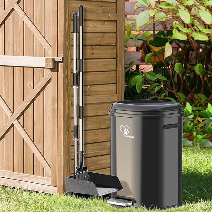 Dog Poop Trash Can Outside, Waste Bin with Lid and Removable Inner,Metal Rake Pooper Scooper, Odor Control for Indoor/Outdoor Dog Waste for Bathroom,Kitchen