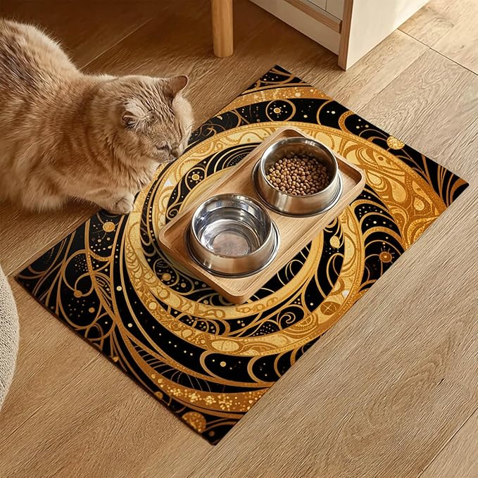 Cat Feedings Mats 20x12 inch Golden Cat Print Pet Bowl Placemat Non Slip Mat for Cats Food and Water Indoor Kitty Feeding Station Elegant Cats Meal Mat for Small Pets Kitchen Floor Use
