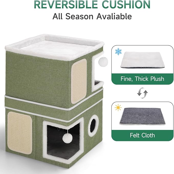 2-Storey Cat House for Indoor Cats, Separate Into 2 Large Cat Bed Cave with Hideaway Condos, Scratch Pads, Hanging Balls, Foldable Indoor Cat House, Cat Cube for Multiple Cats Kitten, Green