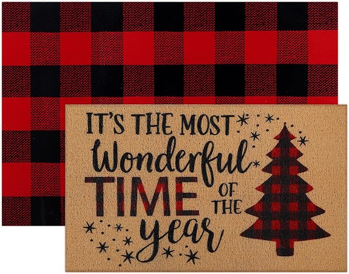 Tinideya 2 Pcs Door Mat Welcome Non Slip Coir Mats Floor Layering Doormats Seasonal for Front Porch Entryway Decor(Christmas Tree)