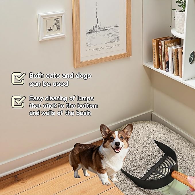 Chinshwehaw Premium Stainless Steel Cat Litter Scoop-Triple Guard Walls&Non-Stick Design,Silver,Flat Shovel Head Design Solid Deep Edge Wood Handle,Dual Hooks 1Pack,6.1x5.3inch (Black Long Strip)
