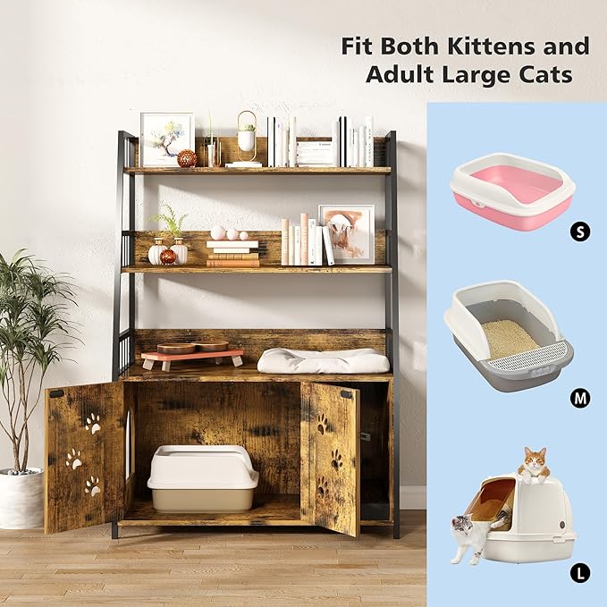 Recaceik Large Cat Litter Box Enclosure with Shelf Storage, Hidden Cat Washroom Furniture, Wooden Cat House with Scratch Pad, Sturdy Indoor Cat Cabinet with 2 Doors, Rustic Brown