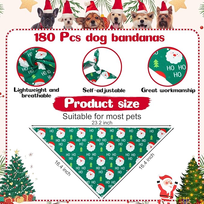 Aliceset 180 Pcs Christmas Dog Bandanas Bulk Christmas Bandanas for Dogs Adjustable Washable Pet Triangle Scarf Cute Kerchief Scarves for Pet Xmas Party Costume Accessories Decorations