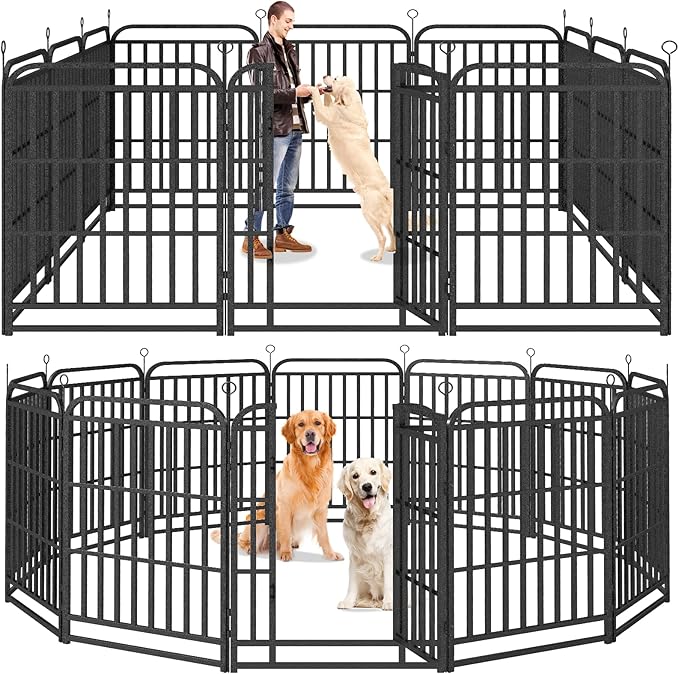 Heavy Duty Dog Playpen: 12 Steel Panels 40" Height, Square Steel Pipe with Reinforced Crossbars, 27FT 57 Sq.ft Portable Fence for Yard RV Camping, Snowy Black