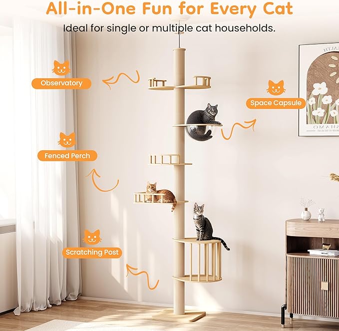 Floor to Ceiling Cat Tree Tower with Adjustable Height(98-106 Inches), Climbing Tower with Thickened Scratching Posts, Cats Activity Center with Cozy Hammock & Capsule
