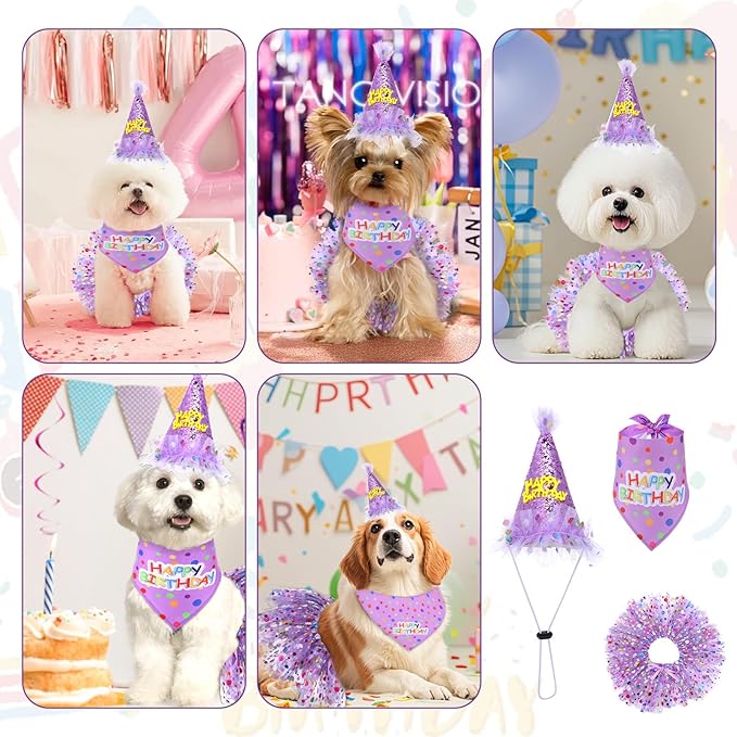 Dog Birthday Bandana with Hat and Dress Girl Set Puppy Birthday Party Supplies Cute Tutu Skirt Outfit for Small Medium Large Dogs Decorations(Purple)
