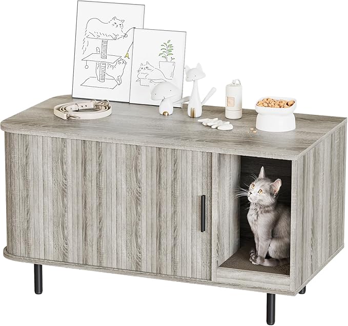 Cat Litter Box Enclosure with Cat Scratch Pad, Sliding Door, 37.4" Litter Box Enclosure Furniture Hidden Litter Box, Modern Indoor Cat House, TV Stand, Side End Table for Living Room, Grey