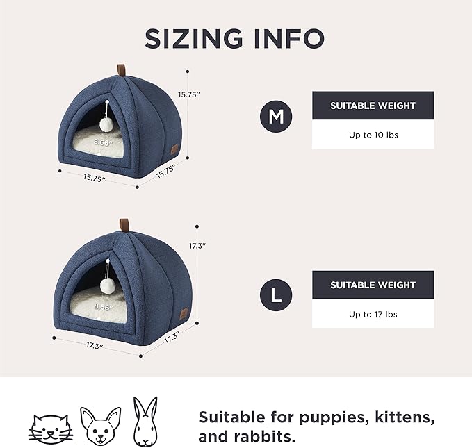 Bedsure Cat Beds for Indoor Cats - 2 in 1 Cat Cave House Tent for Kittens and Small Pets with Removable Washable Cushioned Pillow, Foldable Kitten Hideaway with Non-Slip Bottom, Navy, 16 inches