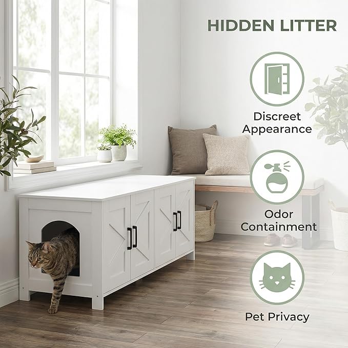 Homhedy Cat Litter Box Enclosure For 2 cats, Litter Box Furniture Hidden with Double Room,Wooden Cat Washroom Furniture,Cat House,47.2”L x 19.7”W x 19.7”H,White
