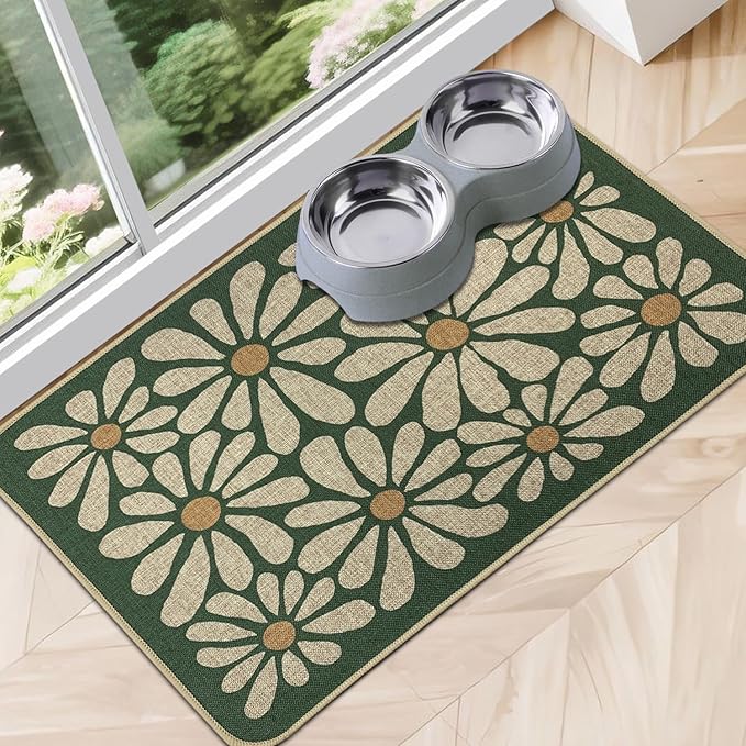SHIYUE Dog Food Mats for Floors, Absorbent Cat Bowl for Food and Water, Non-Slip Accessories Pet Supplies(16"x24",Forest Green Flower)