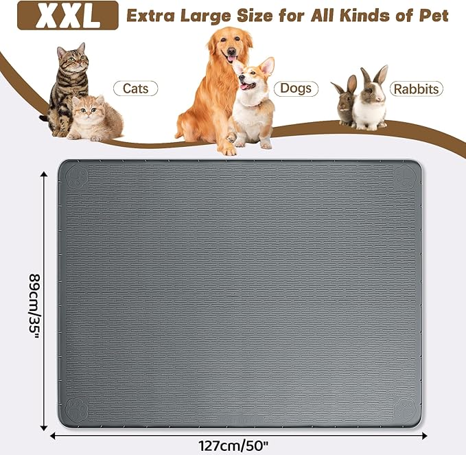 Cat Food Mat, 50" x 35" Extra Large Silicone Pet Feeding Mat with Raised Edge Pet Placemat for Food and Water Bowl Non-Slip, Easy to Clean, Floor Protection (Dark Grey)