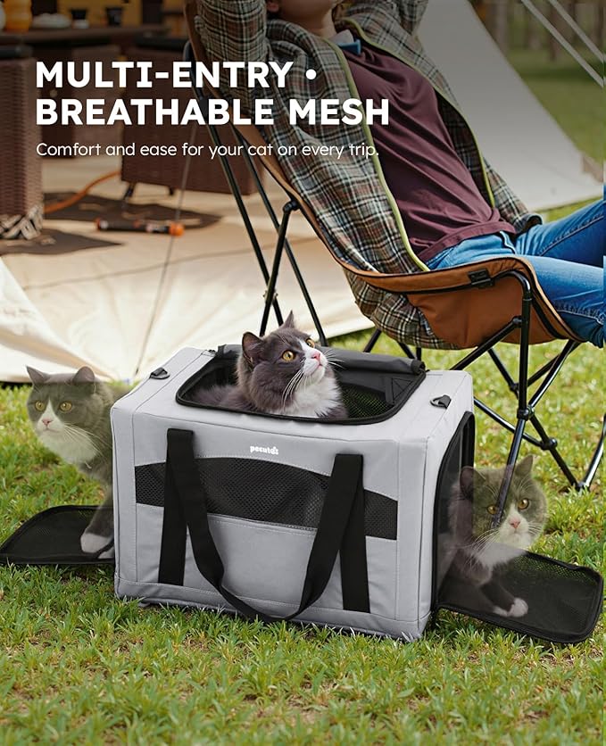 Pecute Cat Carrier Stable, Pet Carrier with Hidden Anxiety Relief Partition & Stable Steel Frame, Safe Cat Carrier for Car Travel, Soft-Sided Dog/Cat Carrier Bag for Pets Up to 11lbs, Gray