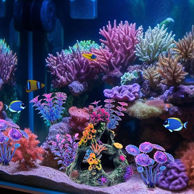 GSD Aquarium Colorful Coral Reef Set Fish Tank Decoration Mountain Ornament for Aquarium Environments Decor Accessories, Coral Mountain x 1, Aquatic Plant x 4