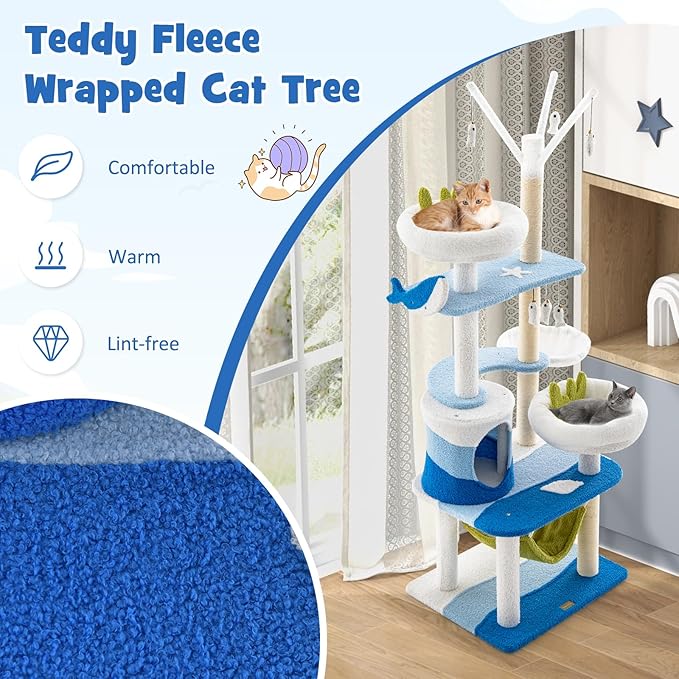 Tangkula Ocean-Themed Cat Tree, Multi-Level Cat Tower with Sisal Scratching Posts, Condo, Perch, Hammock, Jump Platforms, Hanging Interactive Toys, Cute Cat Activity Center for Indoor Cats (65 Inch)