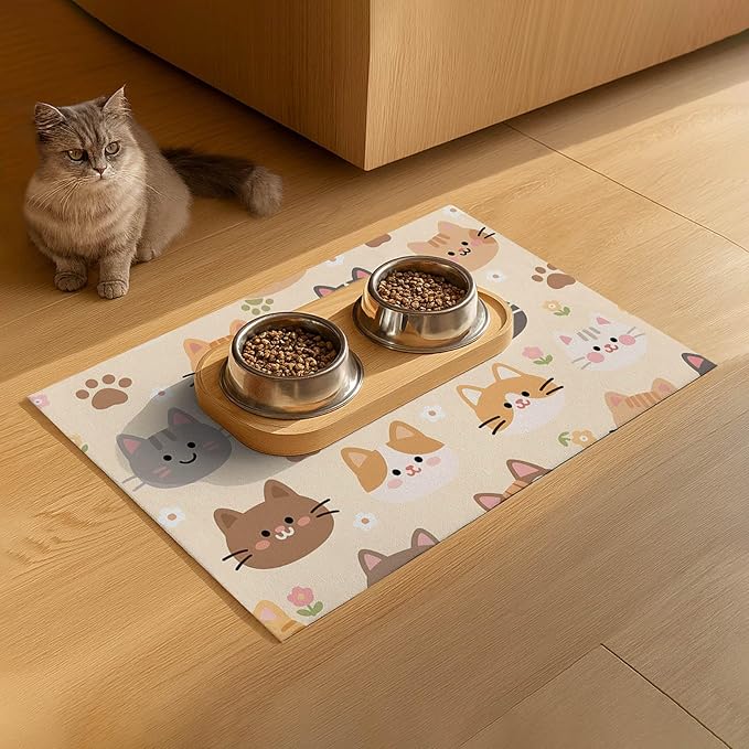Cat Feeding Mat 24x16 inch Beige Kitten Print Pet Bowl Placemat Non Slip Floor Mat for Food and Water Indoor Kitty Feeding Station Cute Meal Pad for Small Pets Kitchen Use