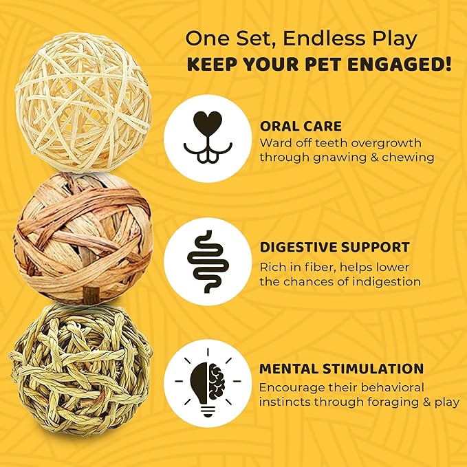 SunGrow Assorted Rabbit Chew Balls, Teething Activity Toy for Pocket Pets, Improves Dental Health, Environment Friendly, Stress Reliever (Assorted, 3 Pcs)