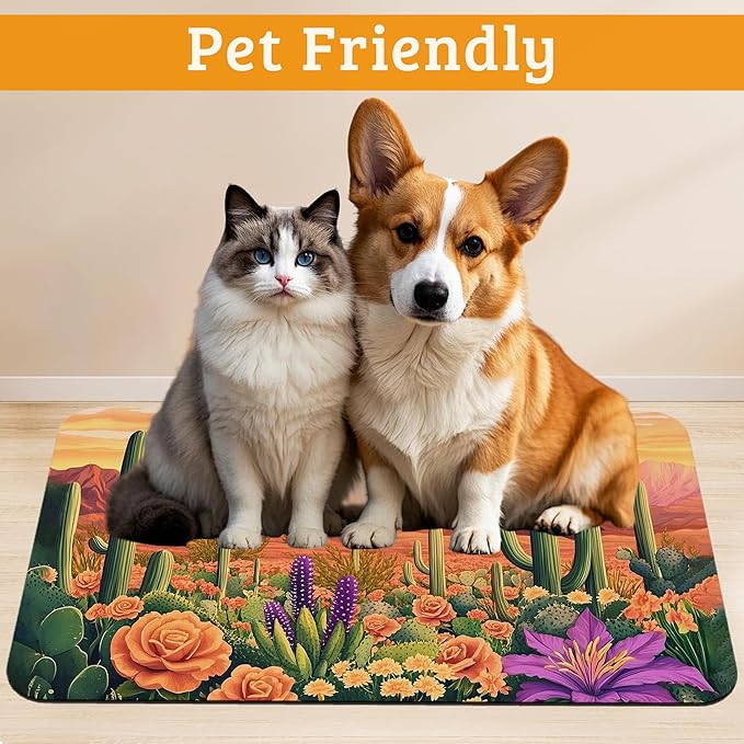 Pet Feeding Mat,Cactus Absorbent Dog Cat Food Mat Desert Dog Mat with Rubber Backing,Non-Slip Water Bowl Placemat,Pet Supplies 16" x 24"