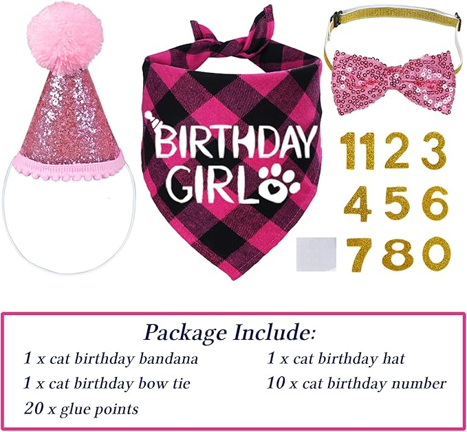 STMK Cat Birthday Decorations, Cat Birthday Hat with Numbers Bandana Bow Tie Collar for Cats Kittens Birthday Outfits (Pink)