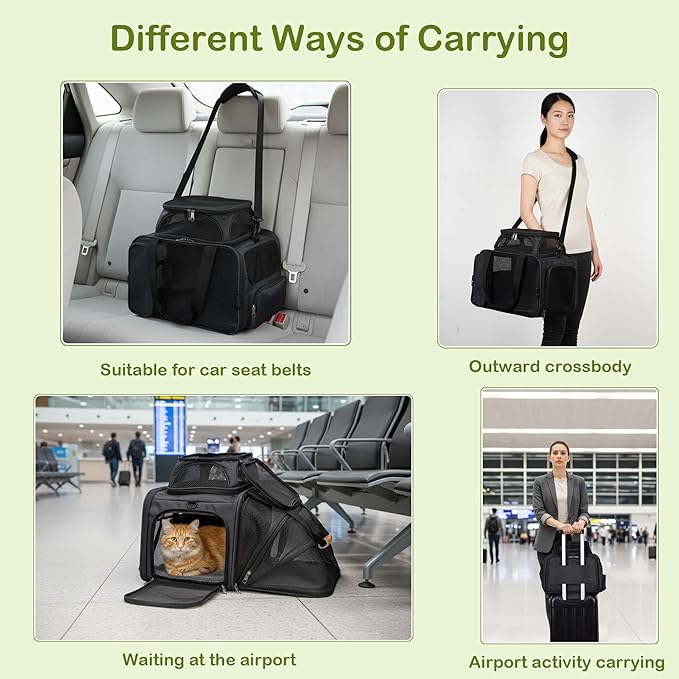 Expandable Pet Carrier Bag - Airline-Approved, Breathable Mesh, Secure Zippers, Padded Handle & Multi-Pockets (Dark Grey)