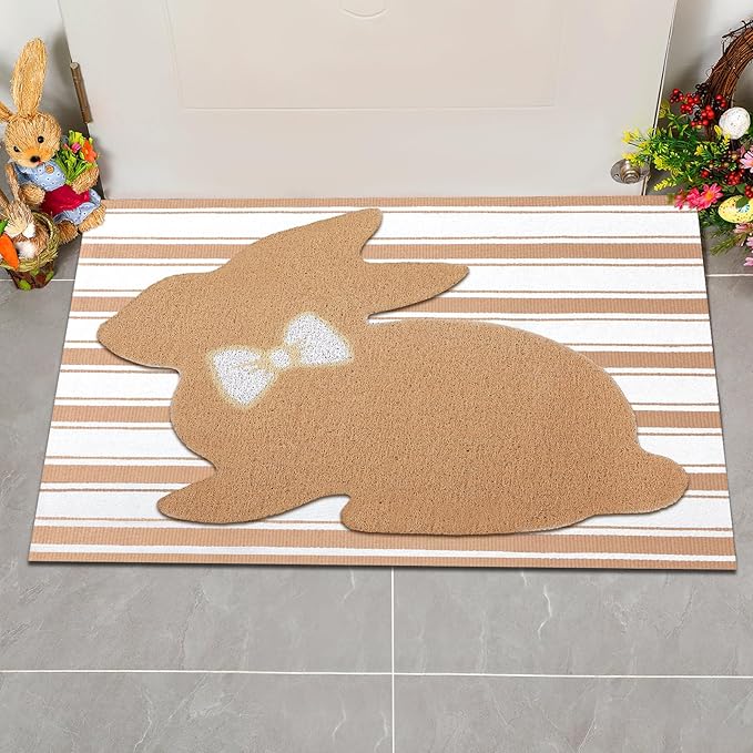 Tinideya 2 Pcs Bunny Door Mat Rabbit Welcome Non Slip Coir Mats Brown and White Stripe Floor Layering Doormats Seasonal for Front Porch Entryway Decor(Rabbit)