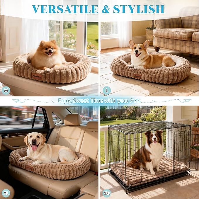 Washable Medium Size Dog Bed, Durable Calming Orthopedic Pet Bed with Removable Cushion Cover & Anti-Slip Bottom, Rectangle Bolster Sides Dog Bed with Handle, 30x24x4inches, Brown