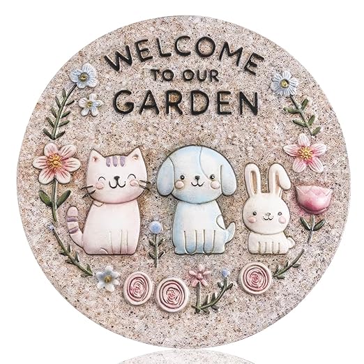 Garden Stepping Stones Outdoor, 9.8" Resin Pet Cat Dog Bunny Stepping Stone for Walkway Gardening Gifts, Spring Decorative Round Welcome to Our Garden Home Decor for Outside Yard Patio Lawn