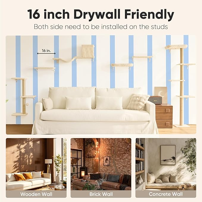 FUKUMARU Cat Wall Shelves, Stable & Safe 4 in 1 Large Cat Walls Furniture Set, Wooden Kitten Climbing Wall with Scratching Post for 16 Inch Drywall - Beige