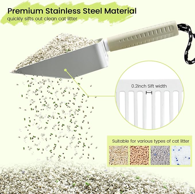 Metal Cat Litter Scooper with Holder, Stainless Steel Metal Litter Scoop Includes Portable Small Broom and Dustpan Set, Speed Sifter Cat Litter Scoop Captures All Clumps, Non-Slip Handle, Easy Clean
