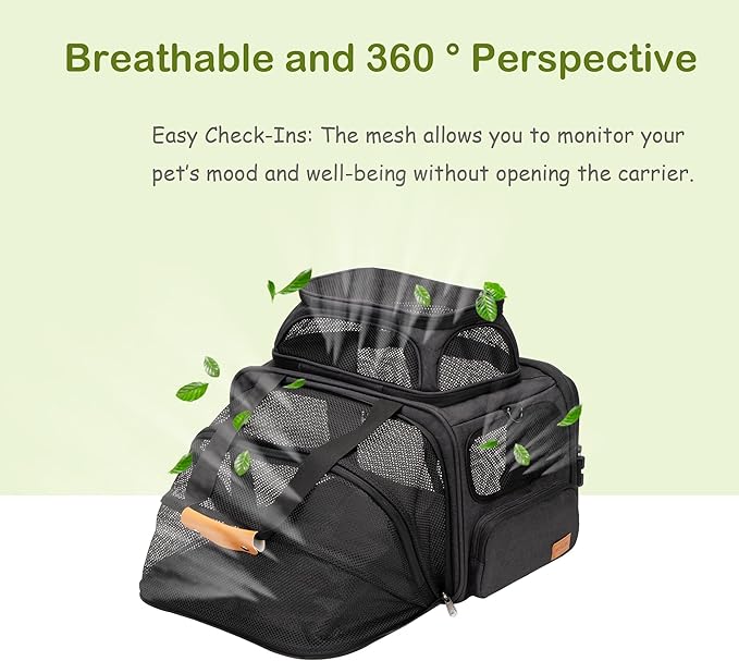 Expandable Pet Carrier Bag - Airline-Approved, Breathable Mesh, Secure Zippers, Padded Handle & Multi-Pockets (Dark Grey)