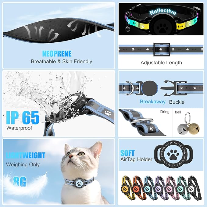 Airtag Cat Collar Breakaway, Reflective Cat Collar with AirTag Holder and Bell, Compatible with Apple Air Tag, Comfortable Padding, Adjustable, Durable (Blue, S)