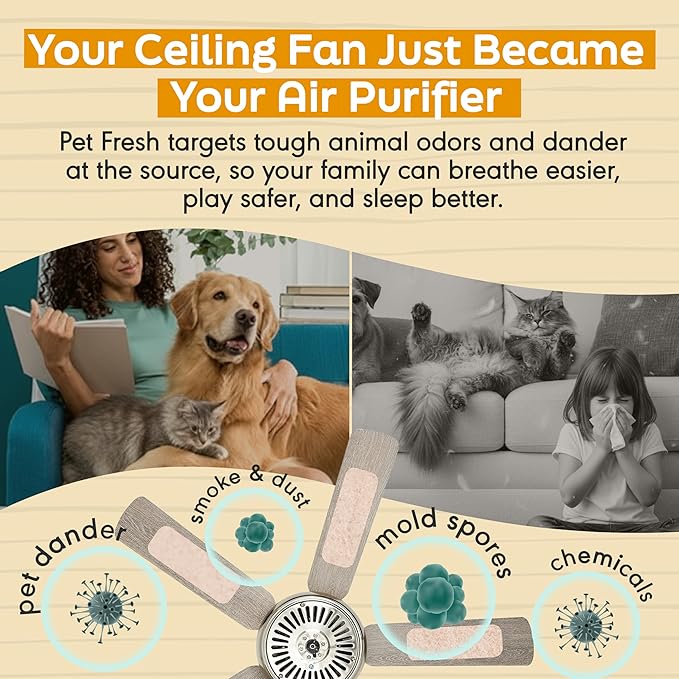 Barnakl Pet Fresh Ceiling Fan Filters for Blades, Zeolite Air Filters, Ceiling Fan Air Purifier Pads, Odorless Pet Odor Eliminator for Home, Fan Filters for Dust, Dander & Odors – 3 Pack