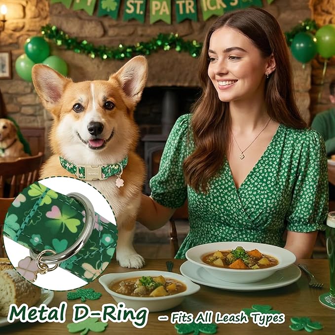 St. Patrick's Day Dog Collar,Green Clover Lucky Shamrock Puppy Collar,Adjustable Spring Cotton Collars Gifts for Small Medium Large Dogs,Dog Accessories M