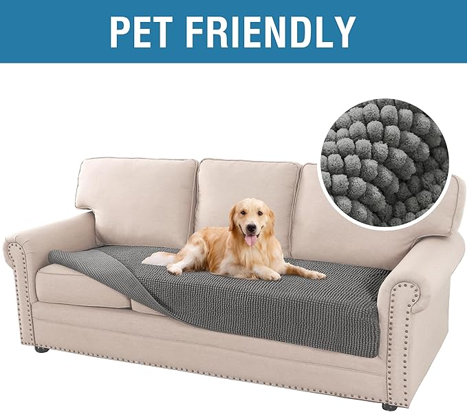 H.VERSAILTEX Plush Chenille Pet Couch Covers for Sofa Thick Soft Sofa Cover for 3 Cushion Couch Anti Slip Couch Cover Furniture Protector for Dog, Pet, Cat (35" x 74", Grey)